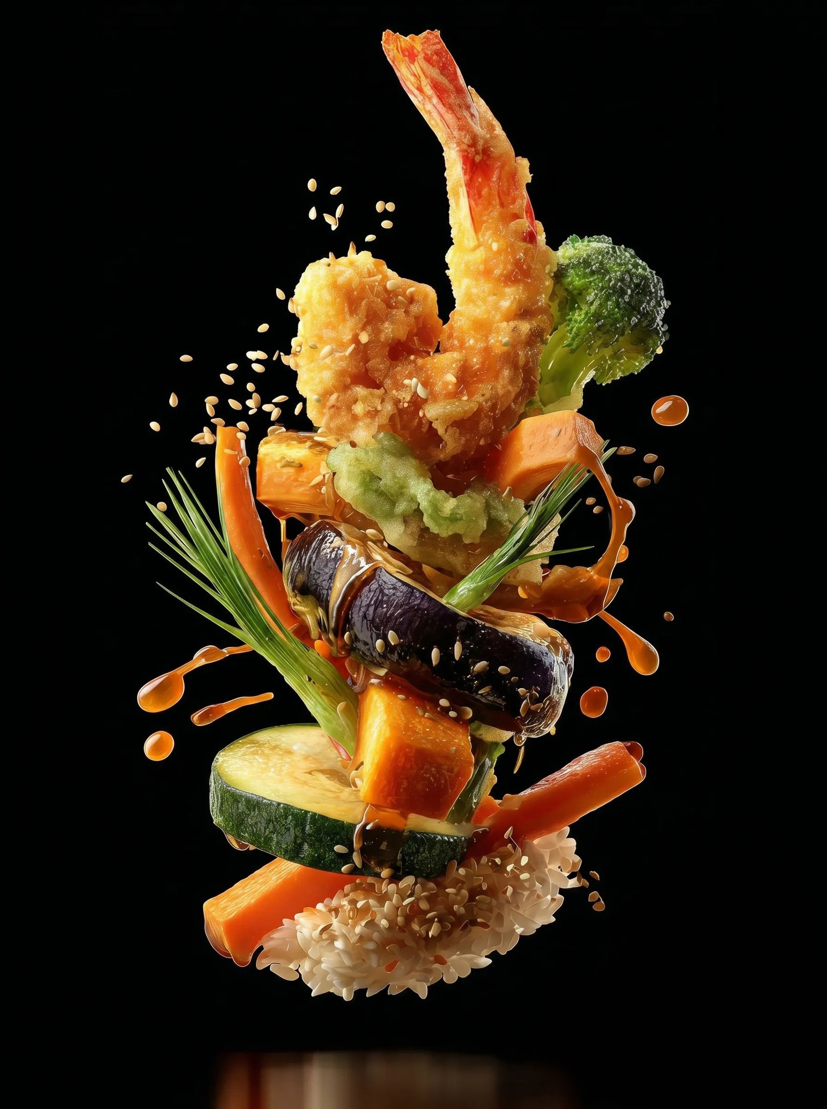Fotografía gastronómica de tempura de langostino creada con inteligencia artificial